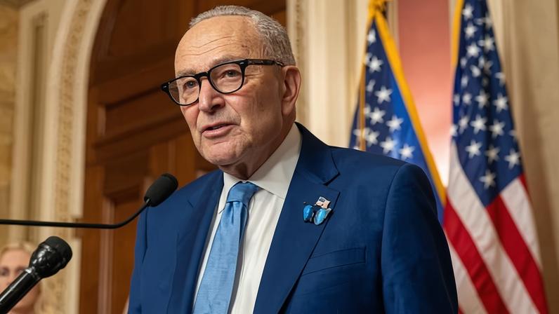 Chuck Schumer speaks at a press conference with advocates and survivors of Jeffrey Epstein to introduce Virginia’s Law.