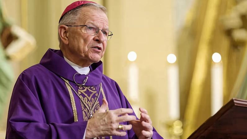 The archbishop, Gregory Aymond, speaks during Ash Wednesday services at St Louis Cathedral in New Orleans, Louisiana on 17 February 2021.