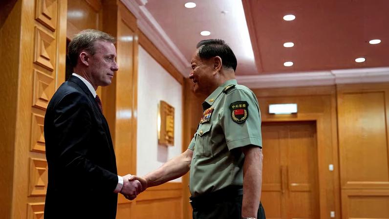 Zhang Youxia, vice chairman of China's Central Military Commission meets with White House national security adviser Jake Sullivan at the Bayi building in Beijing