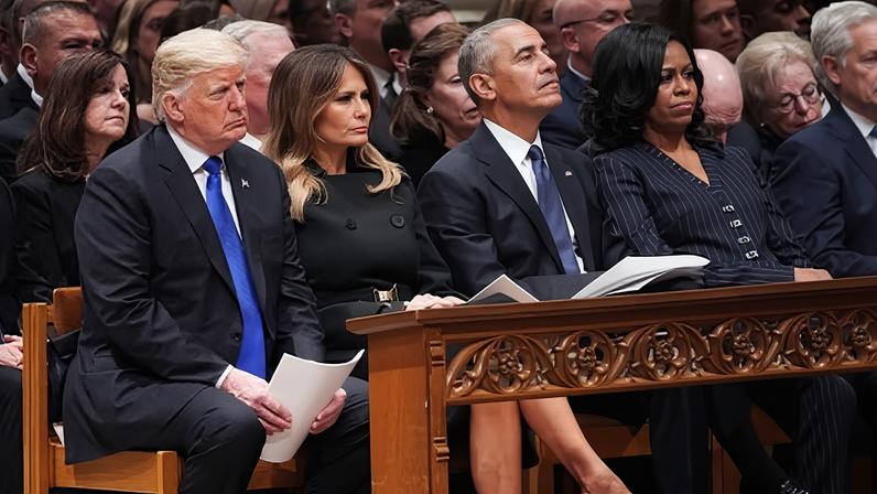 Donald and Melania Trump and Barack and Michelle Obama at a funeral service for George HW Bush in Washington DC on 5 December 2018.