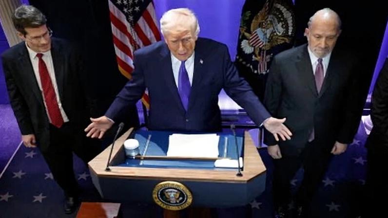 Donald Trump during a press briefing at the White House on 20 February in Washington DC.