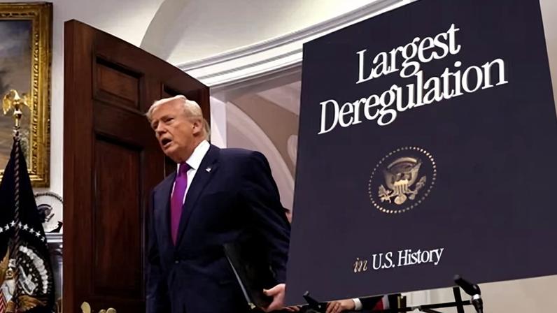 Donald Trump arrives at a press conference on 12 February 2026 at the White House to announce the revocation of the EPA's 2009 endangerment finding.