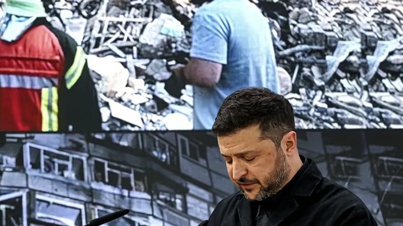 Ukraine president Volodymyr Zelenskyy speaks during the 62nd Munich Security Conference.