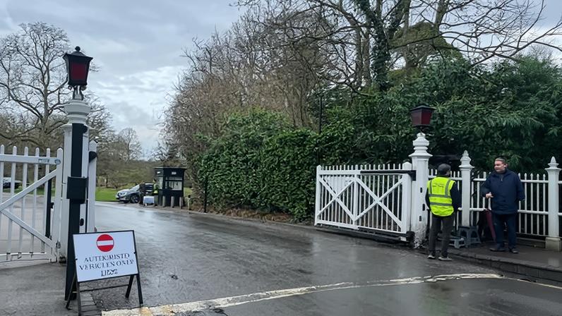 The entrance gates near the Royal Lodge in Windsor, the former home of Andrew Mountbatten-Windsor. The search is expected to be completed on Monday.