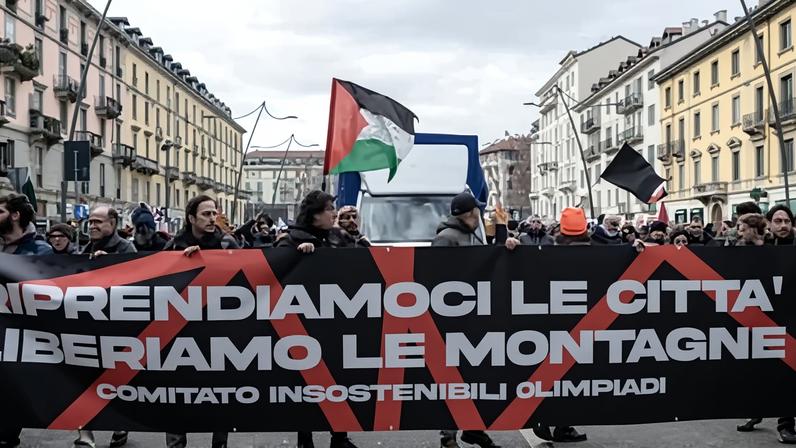 A protest calling out the economic and ecological cost of the Winter Olympics in Milan on Saturday.