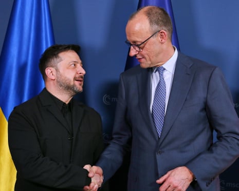 Ukrainian president Volodymyr Zelenskyy and German chancellor Friedrich Merz at the Munich Security Conference.
