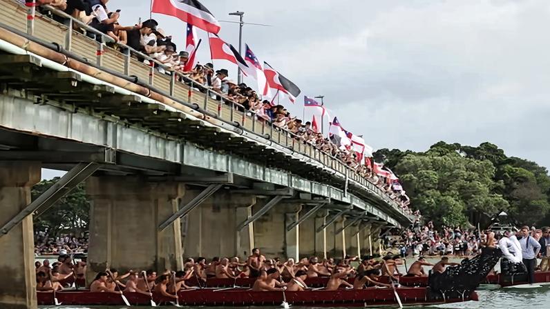 Participants paddle their boats during a waka ceremony in Waitangi on Friday to commemorate the signing of New Zealand’s founding document, the Treaty of Waitangi.