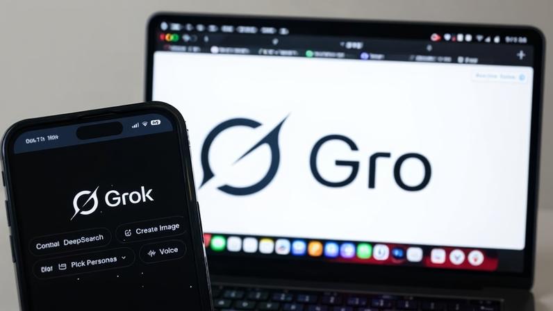 The Grok artificial intelligence (AI) tool displayed on a mobile phone and laptop