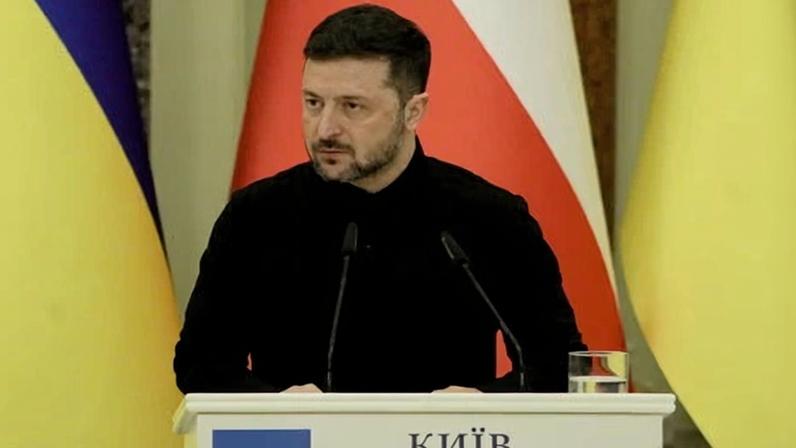 Volodymyr Zelenskyy in Kyiv on Thursday during a visit by the Polish prime minister, Donald Tusk.