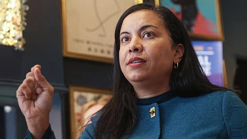 Analilia Mejia speaks to supporters and members of the media in Montclair, New Jersey, on 29 January.
