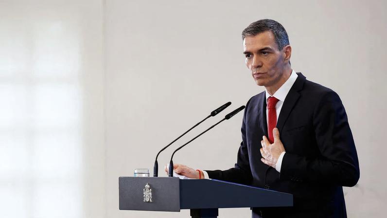 Spain's Prime Minister Pedro Sanchez gestures during a year-end balance news briefing at Moncloa Palace in Madrid