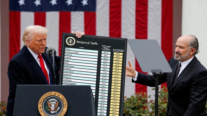 U.S. President Donald Trump holds a chart next to U.S. Secretary of Commerce Howard Lutnick as Trump delivers remarks on tariffs in the Rose Garden at the White House in Washington, D.C., U.S., April 2, 2025. REUTERS/Carlos Barria//File Photo/File Photo