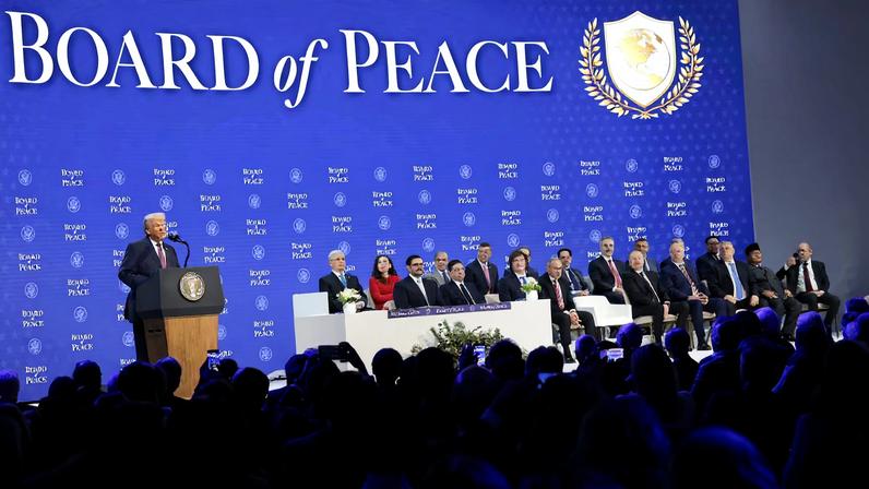 U.S. President Donald Trump speaks during a charter announcement for his Board of Peace initiative aimed at resolving global conflicts, alongside the 56th annual World Economic Forum (WEF), in Davos, Switzerland, January 22, 2026.