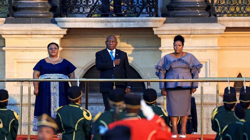 South African President Cyril Ramaphosa holds his hand on his chest during a national anthem at the Cape Town City Hall ahead of his State of the Nation Address (SoNA) in Cape Town, South Africa, February 12, 2026.