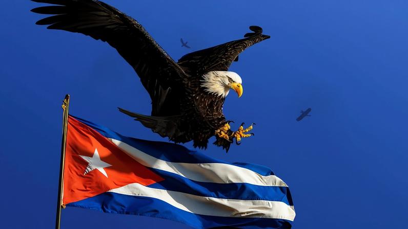 A bald eagle flying down claws first on to a Cuba flag