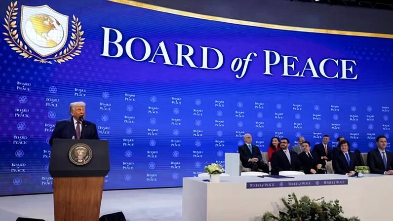 Donald Trump attends announcing his Board of Peace at the World Economic Forum in Davos on 22 January 2026.