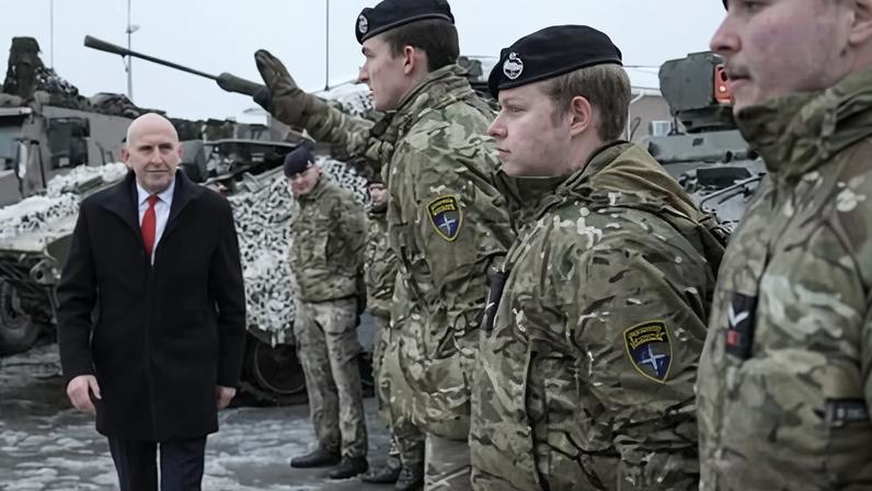 The British defence secretary, John Healey, visits British personnel at the Tapa military base in Estonia in December 2024.