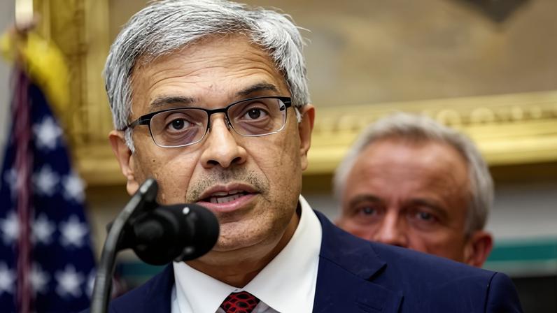 Jay Bhattacharya, the NIH director, delivers remarks at the White House in Washington DC on 22 September 2025.