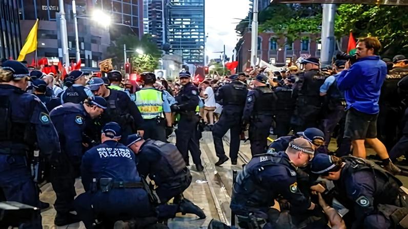 Police detain protesters during a protest against the visit of Israel's president, Isaac Herzog, in Sydney.