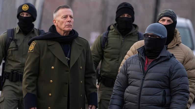 Gregory Bovino with other federal agents outside Whipple building in Minnesota, in January 2026.