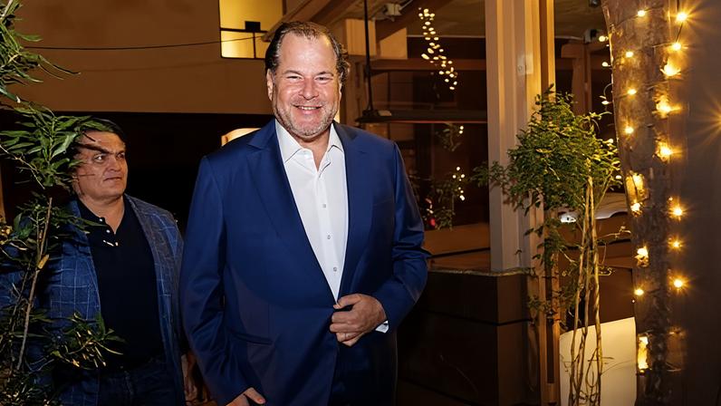 Salesforce CEO Marc Benioff arrives at a Super Bowl LX party at Quince in San Francisco.