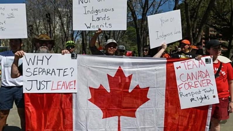 First Nations protesters and allies gather outside the legislature to oppose the Rally for Alberta Independence in Edmonton on 3 May 2025.