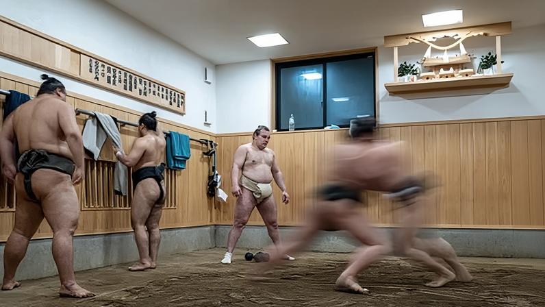 Ukrainian sumo wrestler Aonishiki looks on during a morning practice at Ajigawa stable in Tokyo's Koto district. The 21-year-old is close to grand champion status.