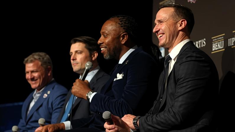 Adam Vinatieri, Luke Kuechly, Larry Fitzgerald and Drew Brees celebrate their selection to the Hall of Fame.