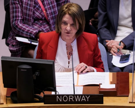Norway's then ambassador to the UN, Mona Juul, addresses the security council over Russia's invasion of Ukraine, New York, 5 April 2022.