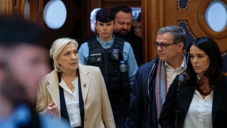 Marine Le Pen leaves a Paris courthouse on the last day of her appeal trial on Wednesday, with judges now expected to take months to consider their verdict.