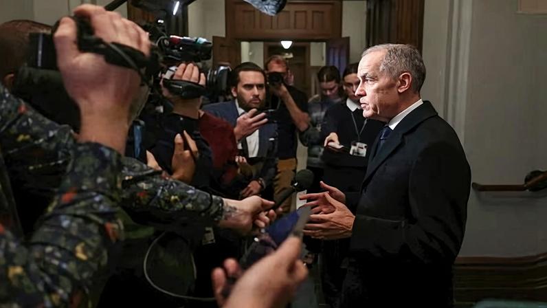 Mark Carney speaks to the media about the mass shooting in Tumbler Ridge, British Columbia, on 11 February 2026 in Ottawa, Canada.