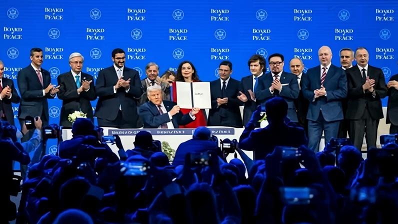 President Trump launching his ‘Board of Peace’ in Davos last month. Supporters include several far-right leaders, such as Argentina’s Javier Milei and Hungary’s Viktor Orbán.