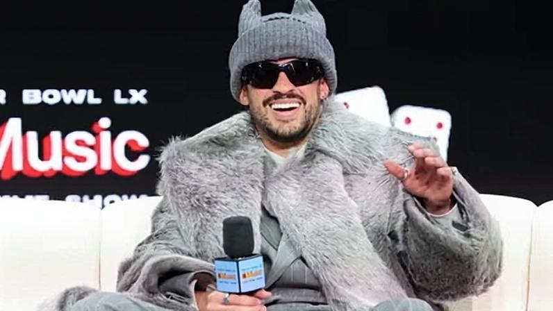 Bad Bunny at the Super Bowl press conference in San Francisco, California, on Thursday.