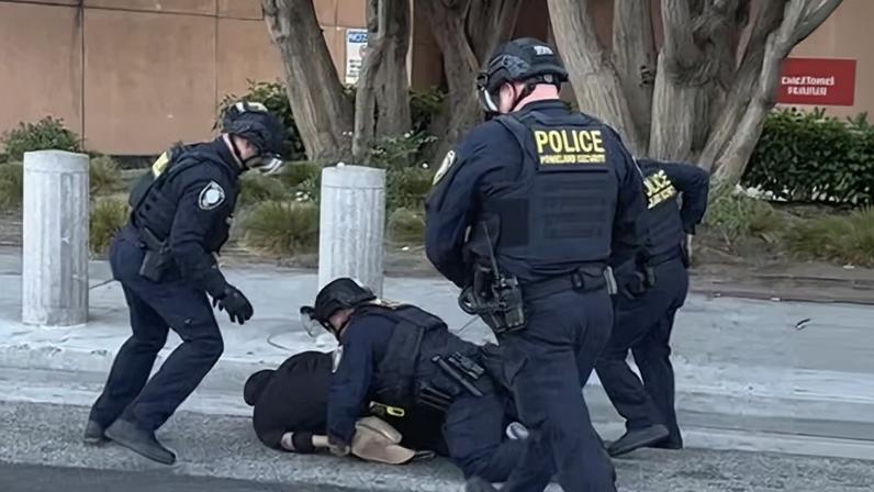 Jonathon Redondo-Rosales during his arrest at a protest on 2 August in Los Angeles.