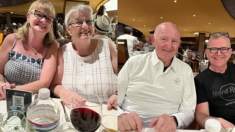 April Martin (second left) and Stuart Martin (second right) on a cruise ship before they returned to New York - and were hit by Storm Hernando