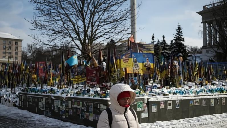 A makeshift memorial for Ukrainian and foreign soldiers in Independence Square in Kyiv, as the war nears its fifth year.