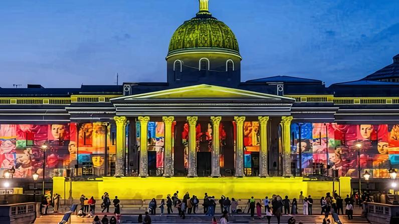 The National Gallery illuminated to celebrate its bicentenary in 2024.