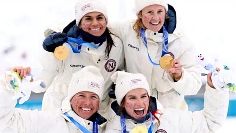 Norway celebrate victory in the cross-country relay, one of 18 golds won by the country at the 2026 Winter Olympics.