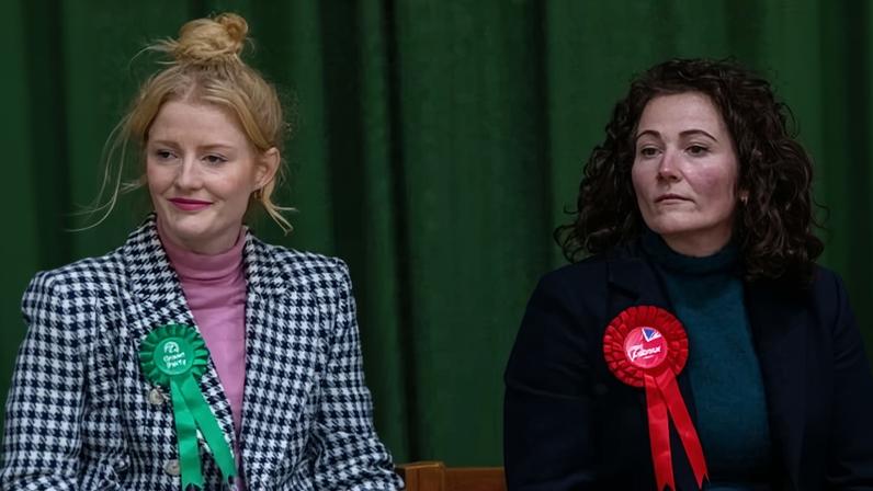 The Green party candidate, Hannah Spencer, and the Labour party candidate, Angeliki Stogia, at an election hustings for the Gorton and Denton byelection in Manchester.