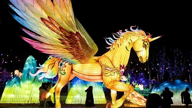 People walk by a horse light installation in Beijing, as China ushers in the lunar new year and year of the horse.