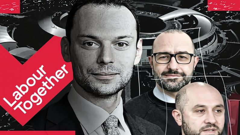 Composite of Josh Simons, Paul Holden and Gabriel Pogrund headshots in front of an image of the GCHQ building