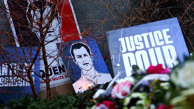 Makeshift memorial in tribute to Quentin Deranque, a young far-right activist beaten to death during a violent assault by hard-left activists, at the site where the attack took place, in Lyon