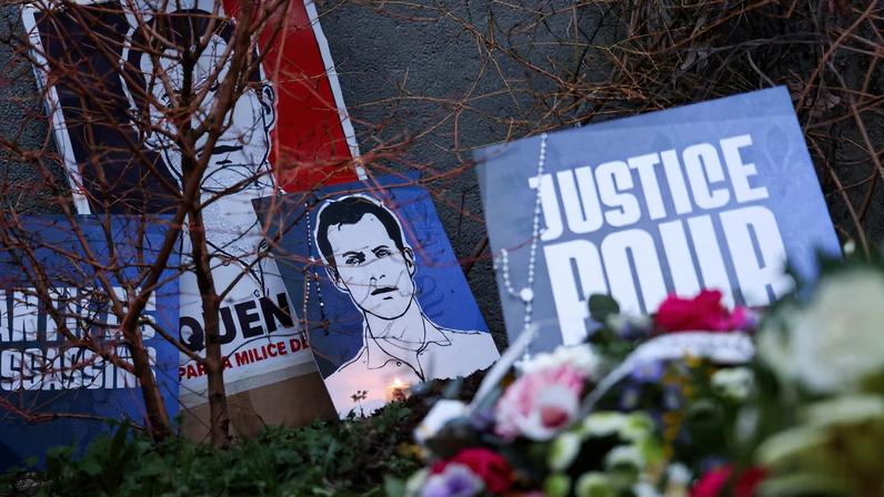 Makeshift memorial in tribute to Quentin Deranque, a young far-right activist beaten to death during a violent assault by hard-left activists, at the site where the attack took place, in Lyon, France, February 21, 2026.
