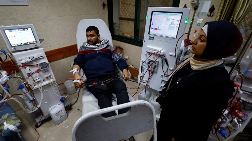 Palestinian patient with kidney failure undergoes dialysis treatment at Al-Aqsa Martyrs Hospital, in Deir al-Balah