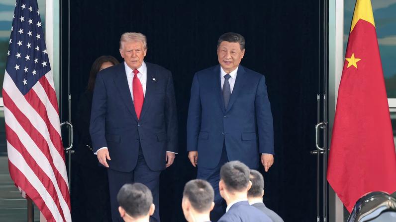 U.S. President Donald Trump and Chinese President Xi Jinping walk as they leave after a bilateral meeting at Gimhae International Airport, on the sidelines of the Asia-Pacific Economic Cooperation (APEC) summit, in Busan, South Korea, October 30, 2025.