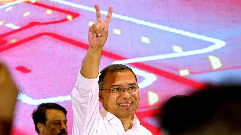 Tarique Rahman, chairman of Bangladesh Nationalist Party (BNP), shows victory sign during a press conference, following the victory on 13th general election, in Dhaka
