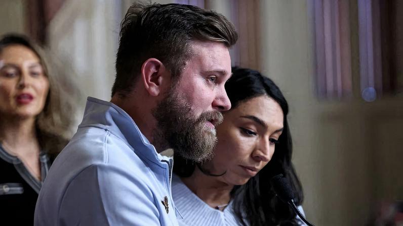 Virginia Giuffre's brother, Sky Roberts, and his wife, Amanda Roberts, speak as they take part in introducing Virginia's Law, legislation that aims to eliminate the statute of limitations for sex traffickers and abusers, with survivors of late financier and convicted sex offender Jeffrey Epstein and U.S. Senate Minority Leader Chuck Schumer (D-NY) (not pictured), on Capitol Hill in Washington, D.C., U.S., February 10, 2026. REUTERS/Anna Rose Layden/File Photo