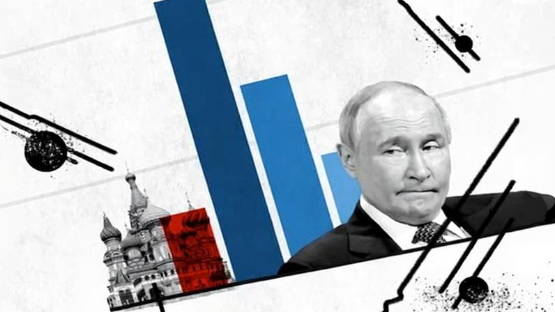 Bar chart of Russia's stagnating GDP growth comparative to the US, UK, France and Germany. Vladimir Putin looking concerned.