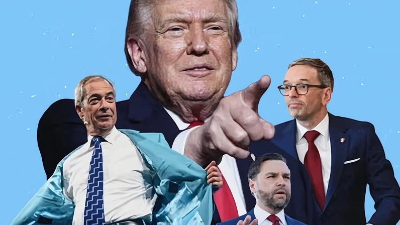 Clockwise from left: Nigel Farage, Donald Trump, Herbert Kickl and JD Vance.