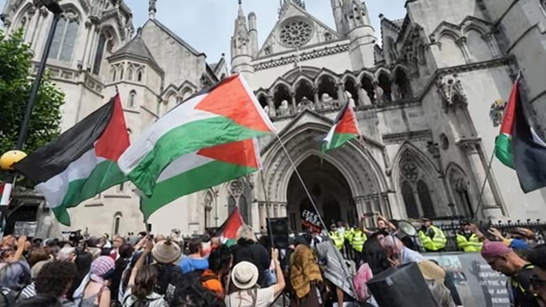 Protesters outside the Royal Courts of Justice in London in July, ahead of a hearing on the Palestine Action ban.